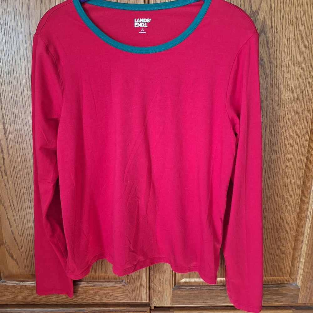 Lands End Women's Pajama Set Knit Long Sleeve T-Shirt and Flannel Pants Size M